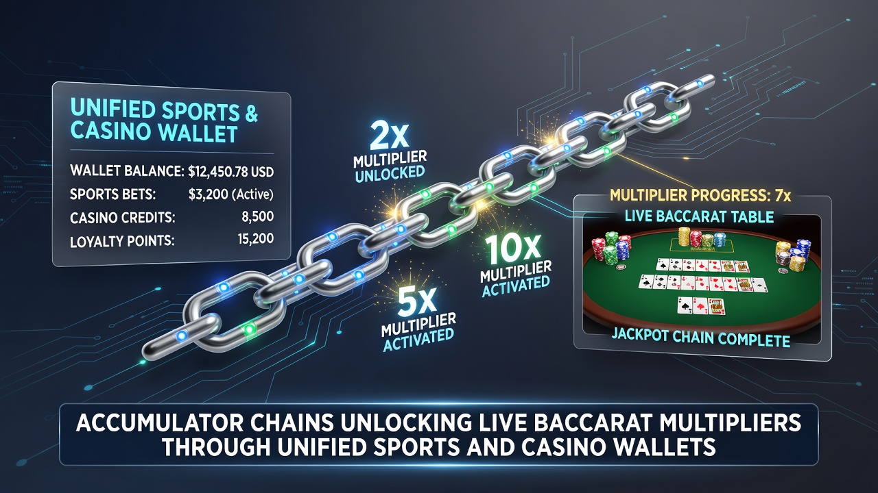 Live baccarat table with multiplier indicators activated via accumulator chain from sports wallet