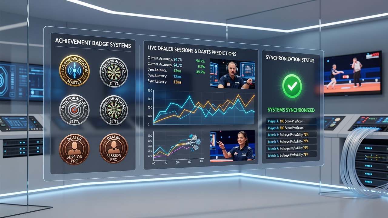Dashboard view of achievement badges syncing darts predictions with live dealer progress on a smartphone