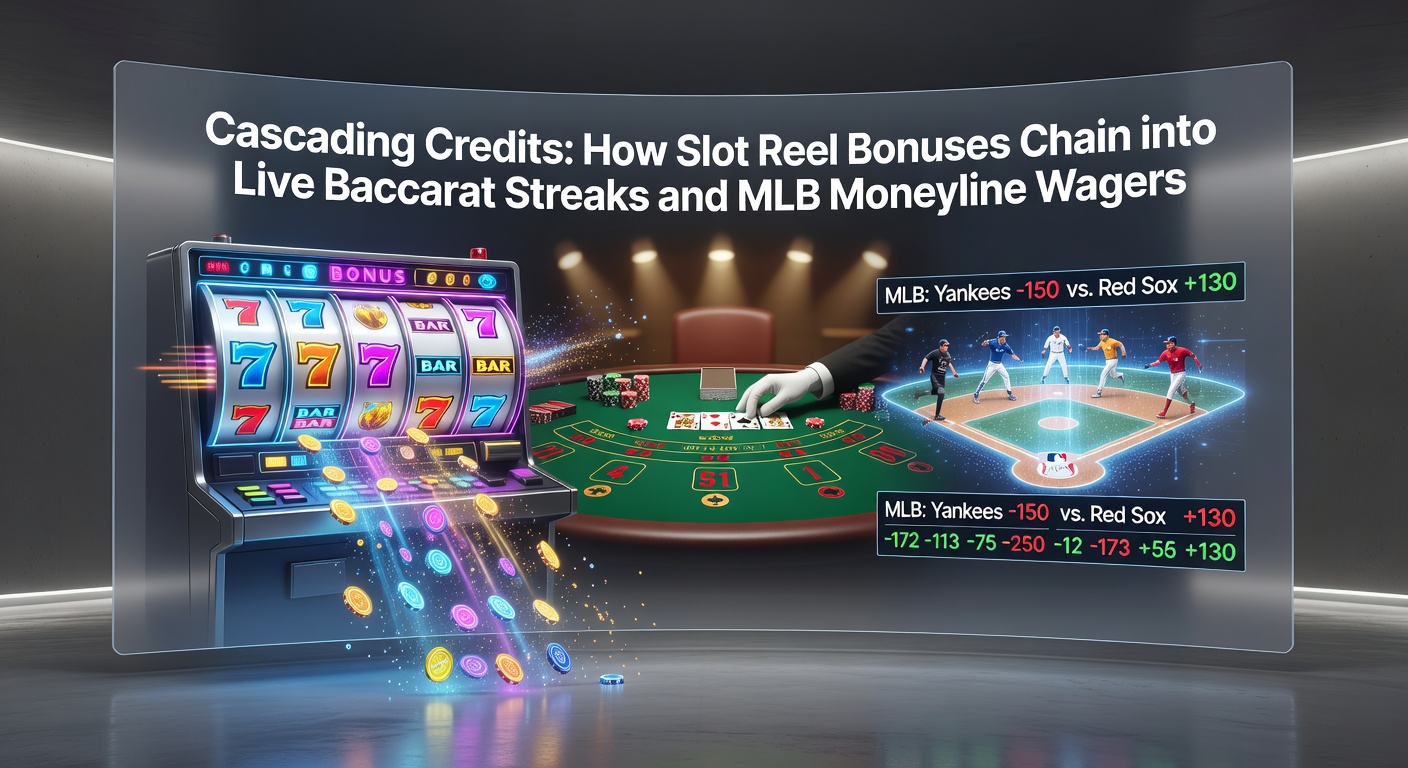 Vibrant slot reels cascading with bonus symbols, transitioning to baccarat table and MLB betting odds on a mobile screen