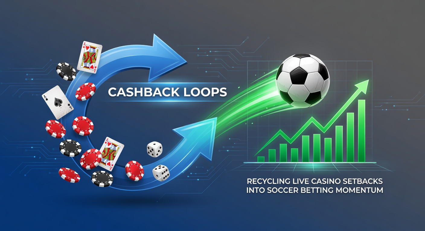 Graphic showing a looping arrow from a live casino table loss to a soccer goal celebration, illustrating cashback flow