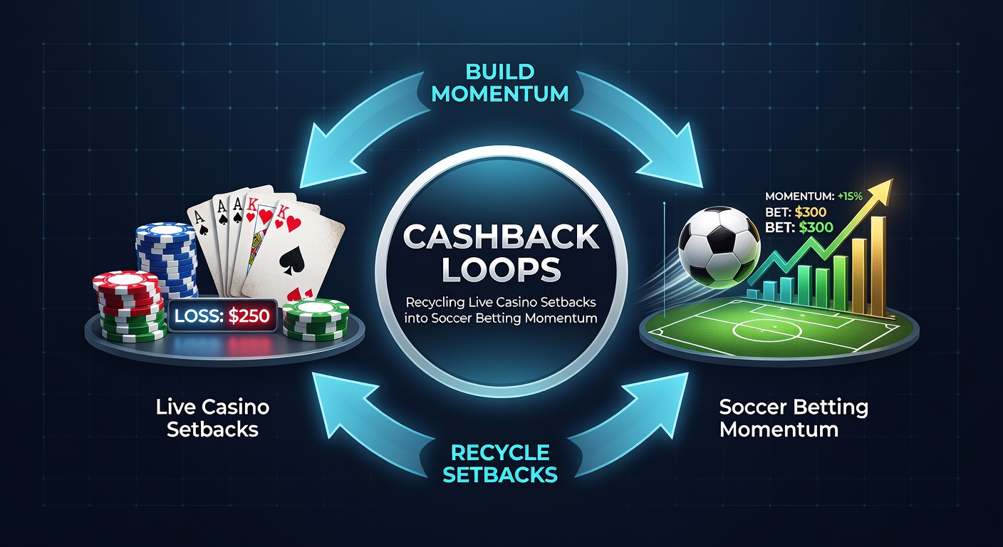Illustration of a cashback cycle diagram connecting a roulette wheel loss to a soccer pitch bet placement on a mobile screen