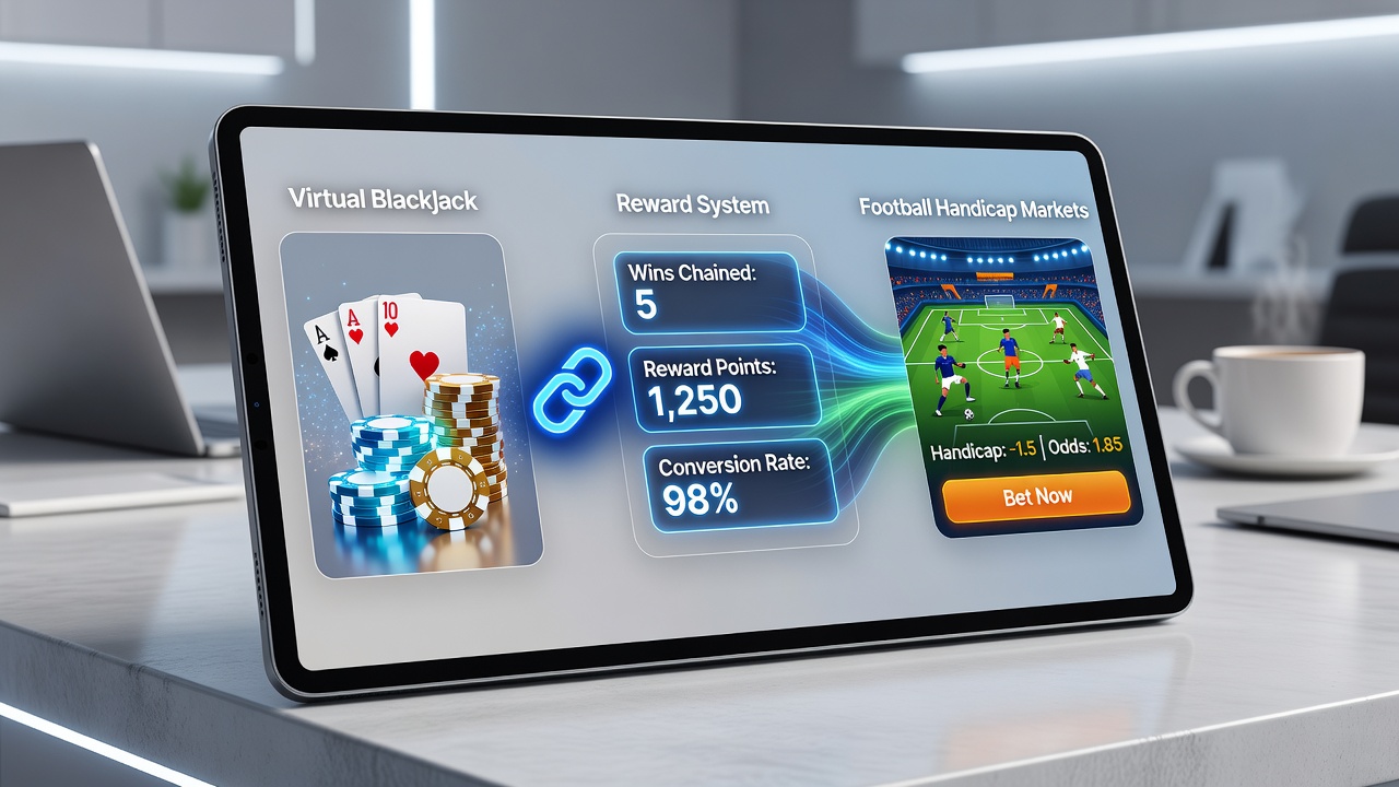 Split-screen view of app dashboard showing blackjack win conversion into football handicap stake with live match data
