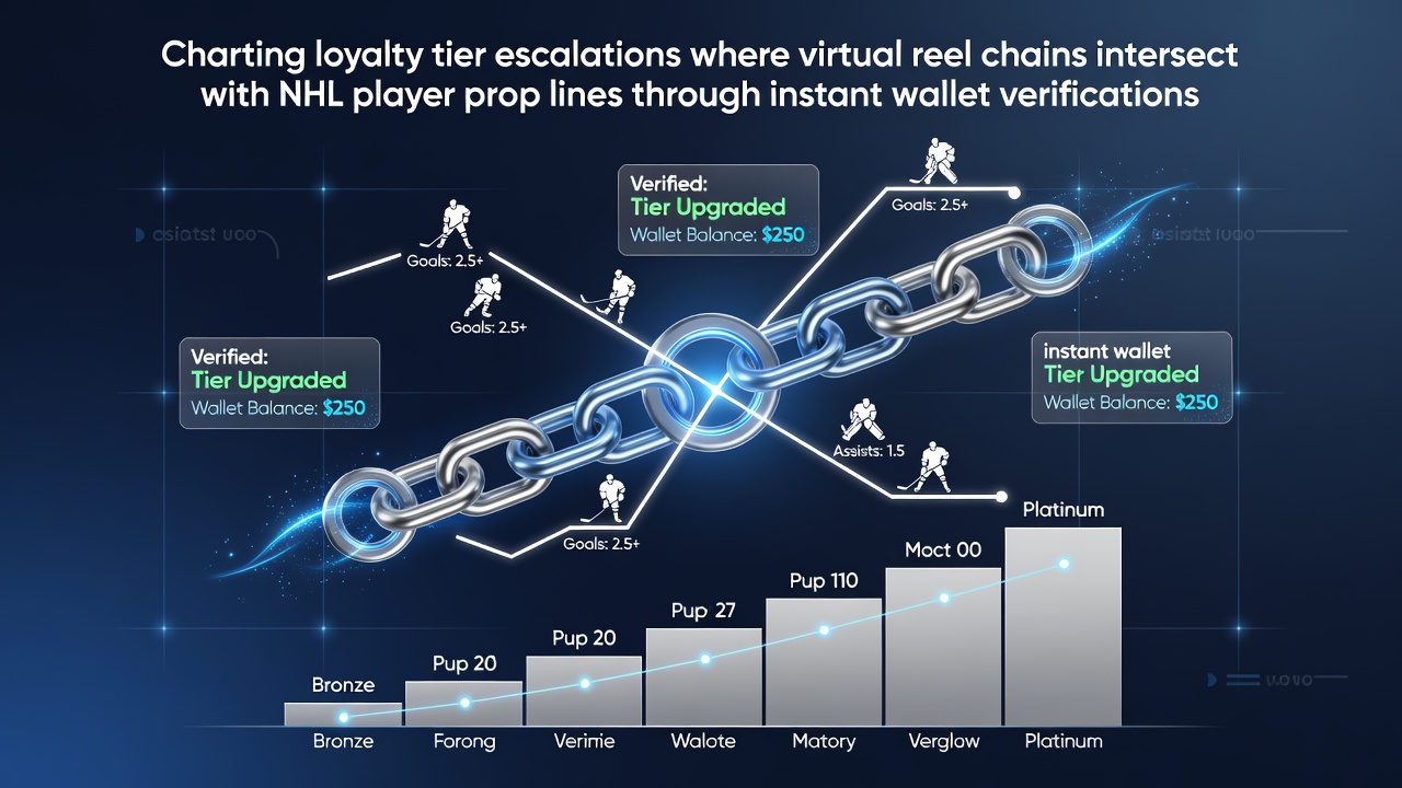 Digital interface showing loyalty tier progression alongside slot reel chains and NHL prop bet options