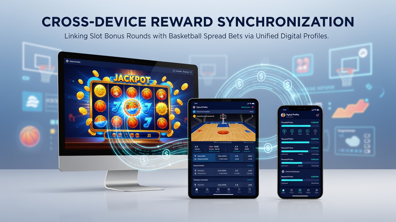 Cross-device reward synchronization dashboard showing slot bonus rounds linked to basketball spread bets through unified digital profiles