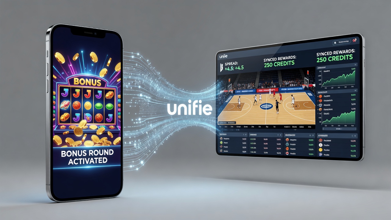 Mobile and desktop screens displaying synchronized rewards from slot bonuses applied to basketball spread bets