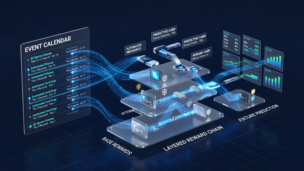 Dashboard view of layered reward chains connecting automated card mechanics with sports fixture predictions in a unified app ecosystem