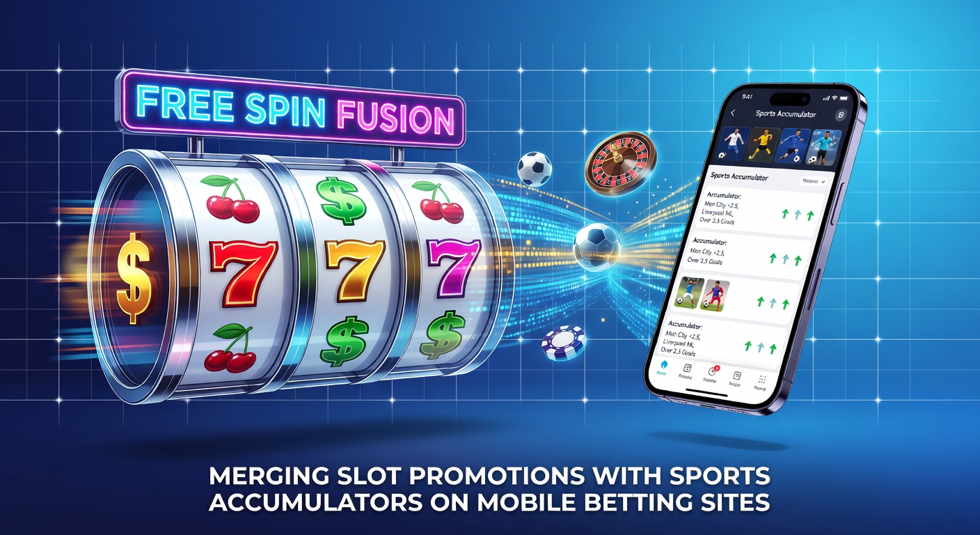 Mobile screen showing a sports accumulator bet unlocking free spins on a slot game, with vibrant graphics blending football pitches and spinning reels