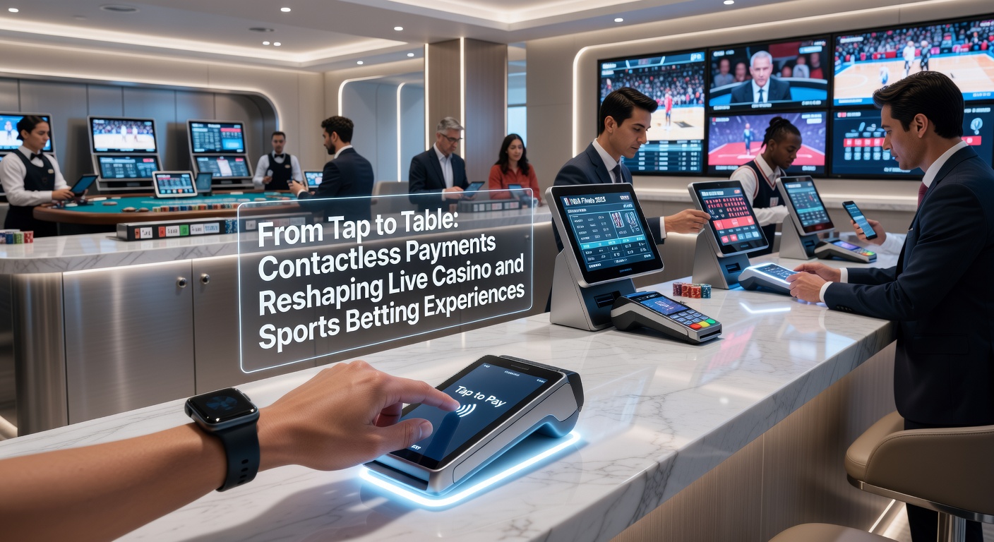 A player tapping a contactless card on a casino betting terminal, with vibrant lights and screens in the background highlighting seamless transactions
