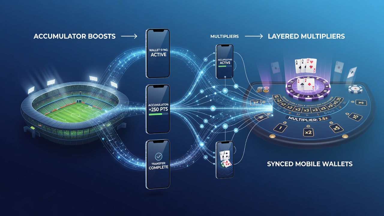 Illustration of interconnected reward structures showing football accumulator boosts flowing into virtual blackjack multipliers through synchronized mobile wallets