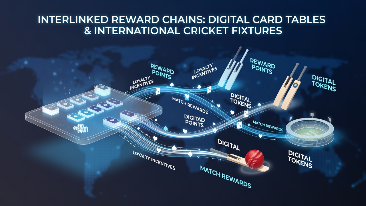 Digital card table interface displaying bonus chains connected to upcoming cricket matches