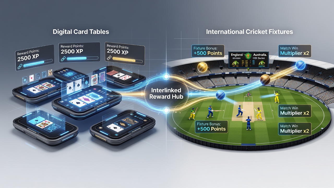 Cricket match betting interface showing linked rewards from online card game activity