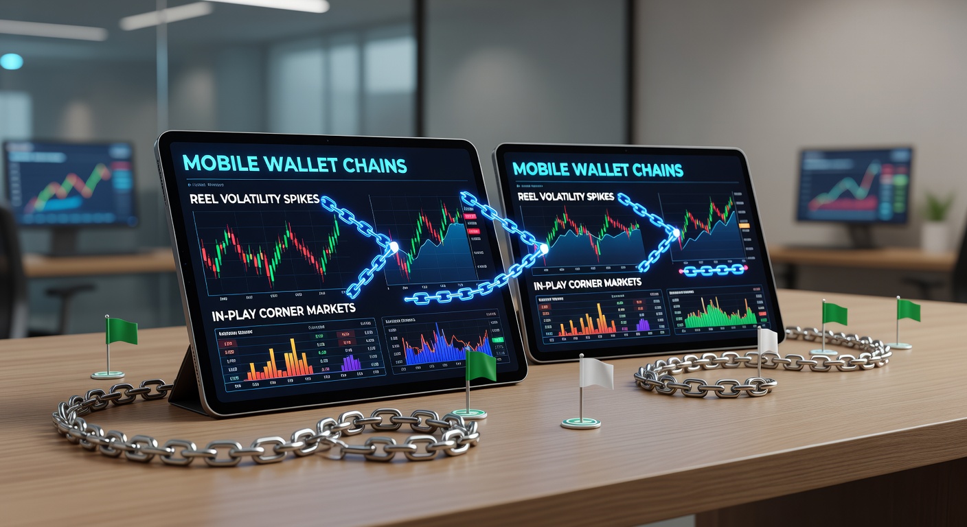 Mobile tablet displaying linked slot and corner betting interfaces with wallet integration icons