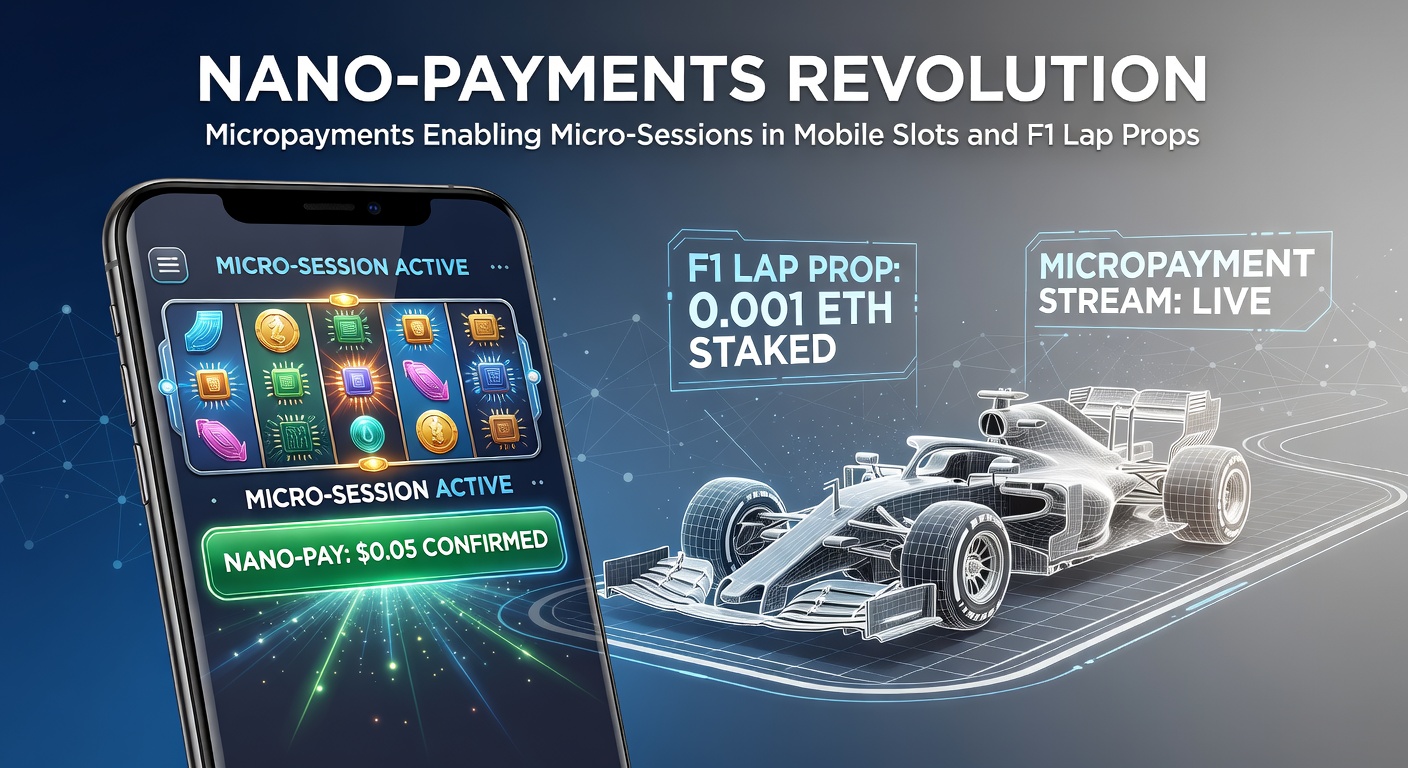 Illustration of a smartphone screen showing a mobile slot game with lightning-fast payment icons and F1 cars racing on a track in the background, highlighting nano-payment flows