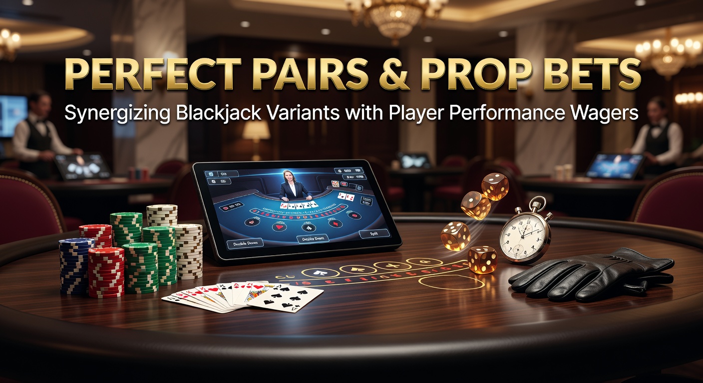 Digital blackjack table displaying Perfect Pairs side bet options alongside player performance prop wagers, with cards and chips highlighted