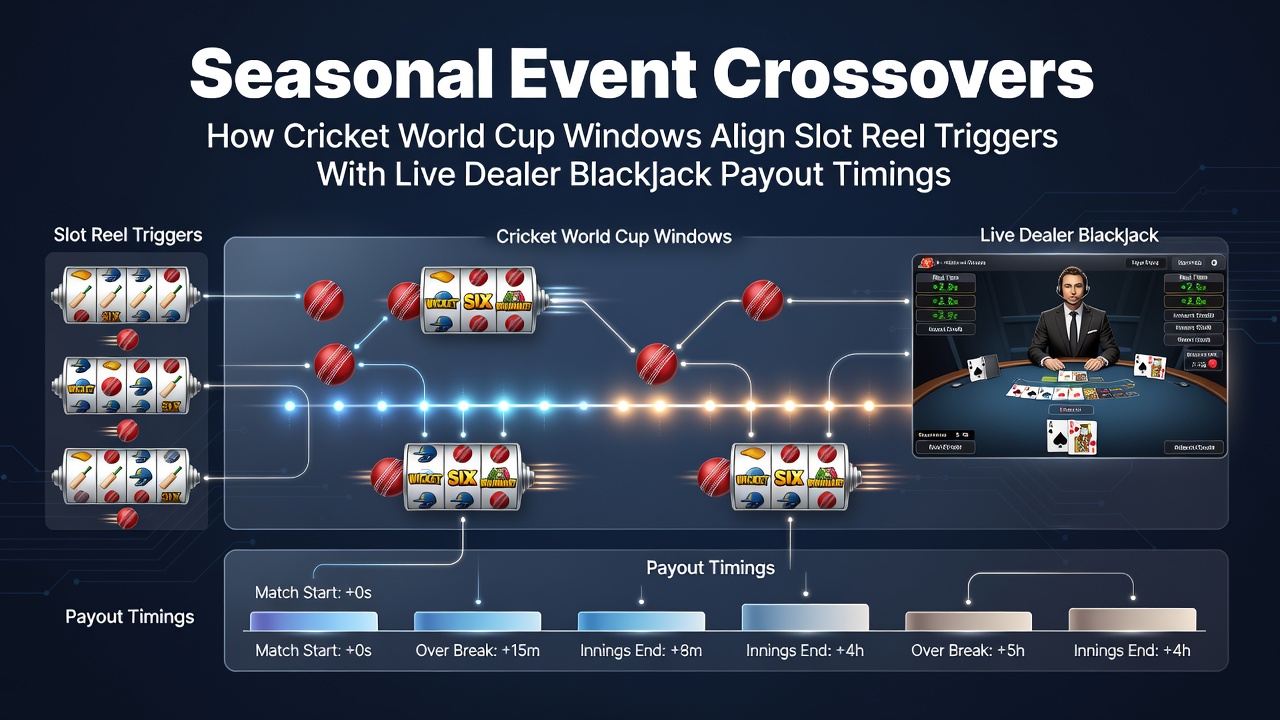 Cricket World Cup match alongside digital slot reels and live blackjack table showing synchronized timing elements