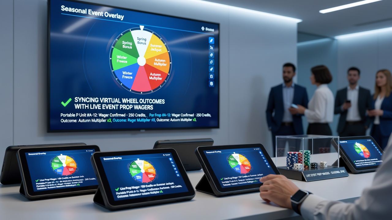 Close-up of portable platform screen showing synced virtual wheel and prop wager dashboard during seasonal event