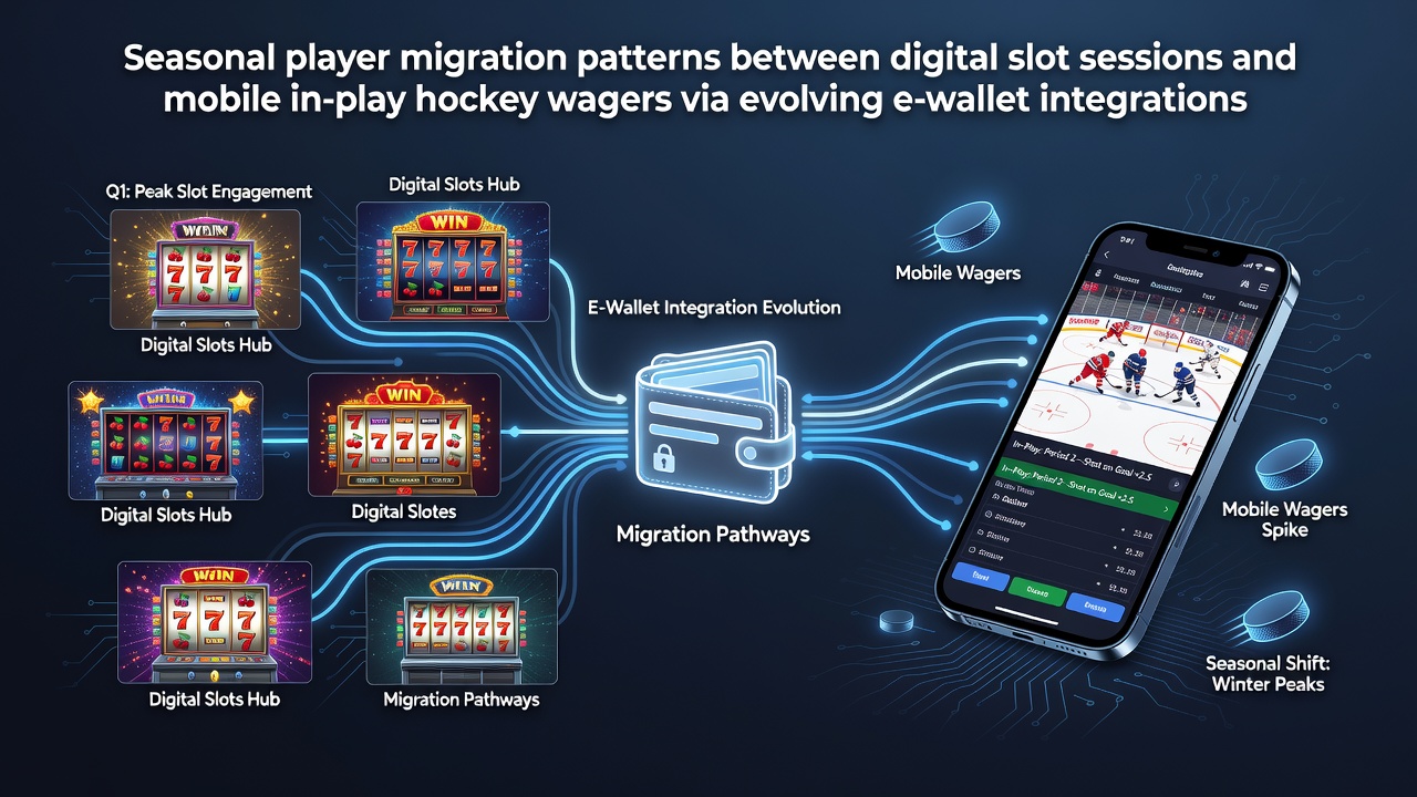 Digital interface showing slot games transitioning to mobile hockey betting with e-wallet icons