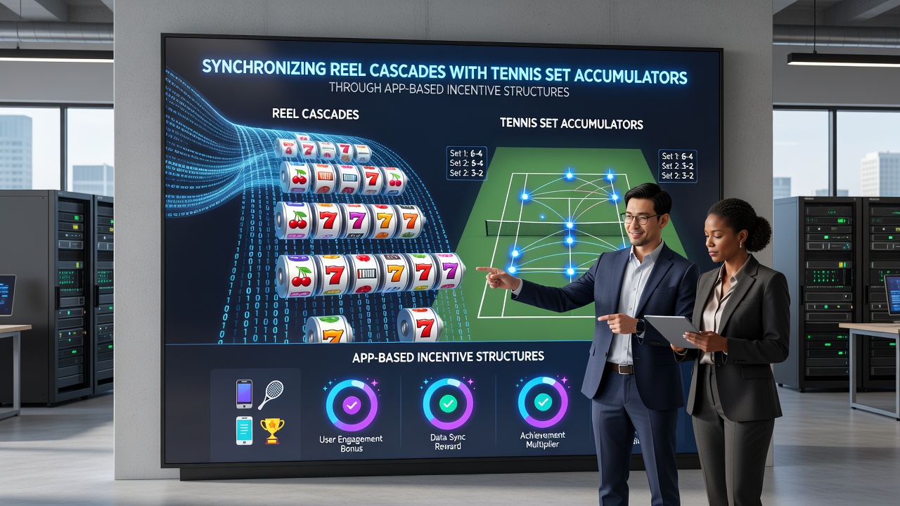 Mobile app interface showing synchronized slot reel cascades and tennis accumulator bets with incentive notifications