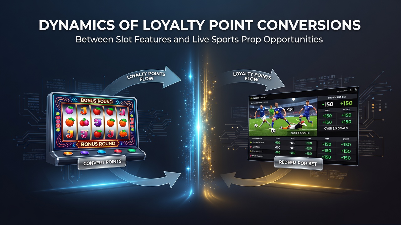 Loyalty point conversion interface showing slot reel bonuses transferring to live sports prop betting options on a mobile screen