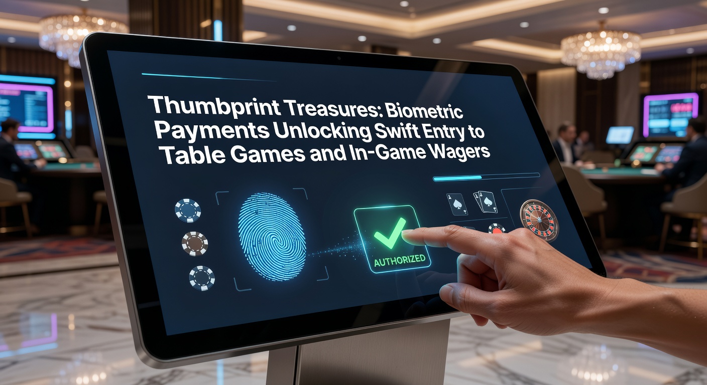 A casino patron scans their thumbprint on a sleek biometric reader at a blackjack table, granting instant access to the game while chips stack up nearby