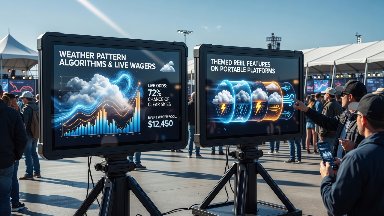 Weather data visualization integrated with mobile betting interfaces showing outdoor event odds and reel features
